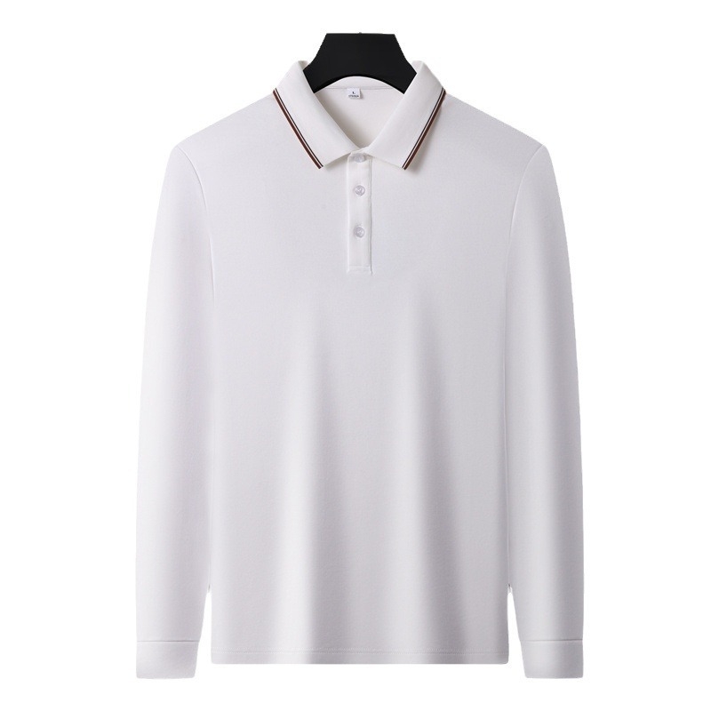 Tricou polo masculin cu mânecă lungă, guler rever, din amestec poliester-pamut-mătase de dud, culoare uni, absorbție a umezelii, fără călcare, pentru primăvară-toamnă