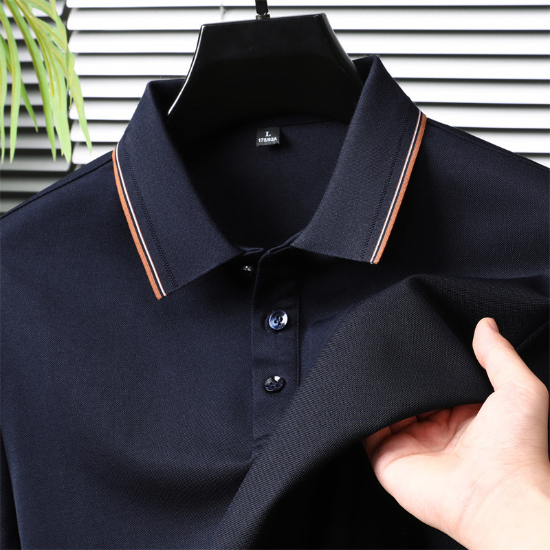 Tricou polo masculin cu mânecă lungă, guler rever, din amestec poliester-pamut-mătase de dud, culoare uni, absorbție a umezelii, fără călcare, pentru primăvară-toamnă