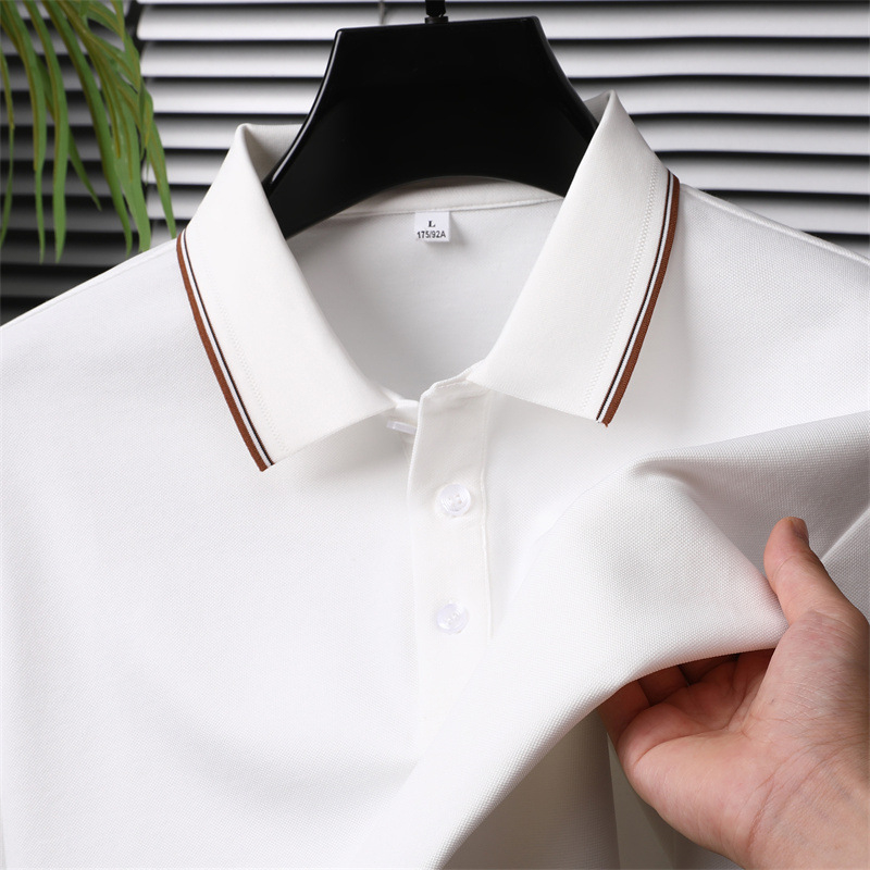 Tricou polo masculin cu mânecă lungă, guler rever, din amestec poliester-pamut-mătase de dud, culoare uni, absorbție a umezelii, fără călcare, pentru primăvară-toamnă