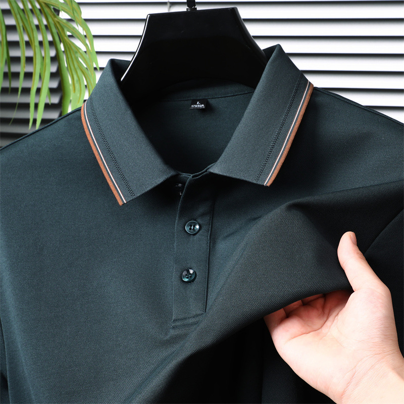 Tricou polo masculin cu mânecă lungă, guler rever, din amestec poliester-pamut-mătase de dud, culoare uni, absorbție a umezelii, fără călcare, pentru primăvară-toamnă