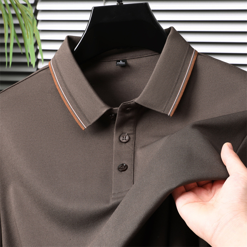 Tricou polo masculin cu mânecă lungă, guler rever, din amestec poliester-pamut-mătase de dud, culoare uni, absorbție a umezelii, fără călcare, pentru primăvară-toamnă