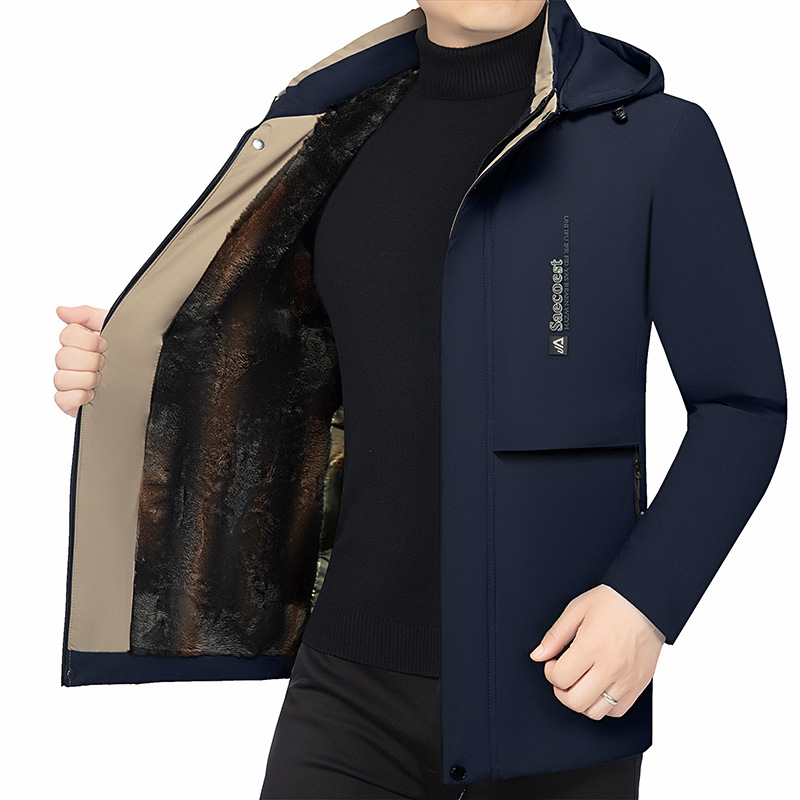 Zimska muška jakna s punjenjem od poliestera, zatvarač, srednja duljina, bočni džepovi, odvojivi ovratnik