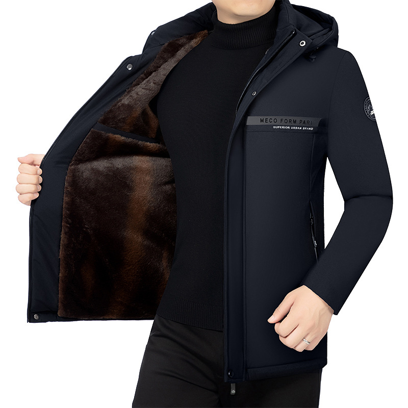 Zimska muška jakna s punjenjem od poliestera, zatvarač, srednja duljina, bočni džepovi, odvojivi ovratnik