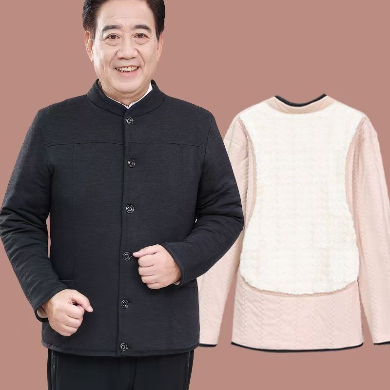 Palton cardigan de iarnă pentru bărbați, cu protecție la spate căptușit cu fleece, umplutură din bumbac, guler înalt, croială lejeră, închidere cu nasturi, cu căptușeală detașabilă