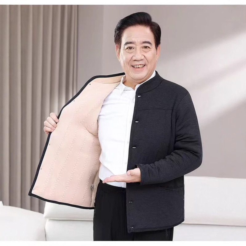 Palton cardigan de iarnă pentru bărbați, cu protecție la spate căptușit cu fleece, umplutură din bumbac, guler înalt, croială lejeră, închidere cu nasturi, cu căptușeală detașabilă