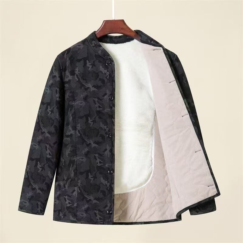 Palton cardigan de iarnă pentru bărbați, cu protecție la spate căptușit cu fleece, umplutură din bumbac, guler înalt, croială lejeră, închidere cu nasturi, cu căptușeală detașabilă