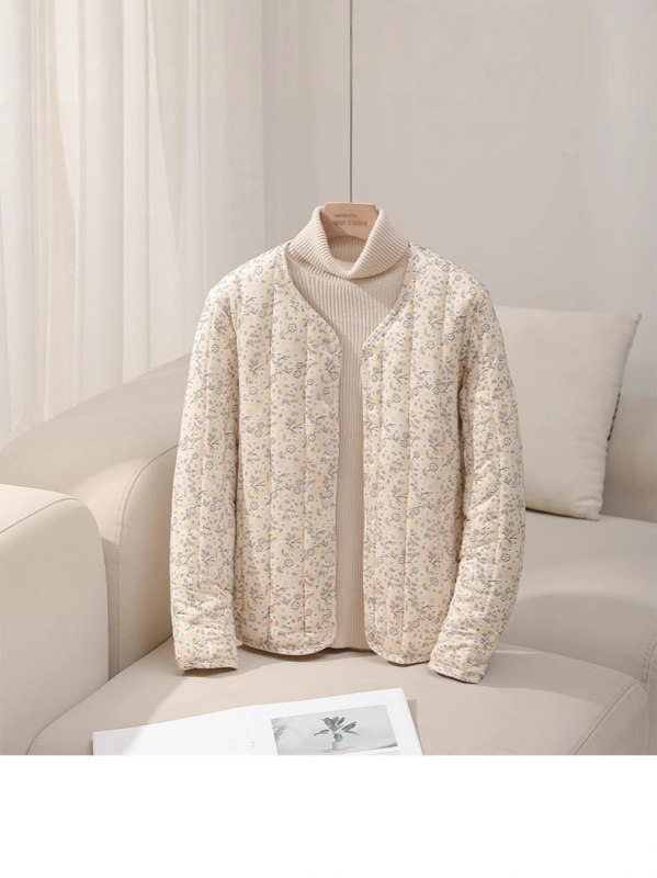 Jachetă căptușită cu bumbac, imprimeu floral, croială Slim, lungime medie (50–65 cm), țesătură exterioară din nailon