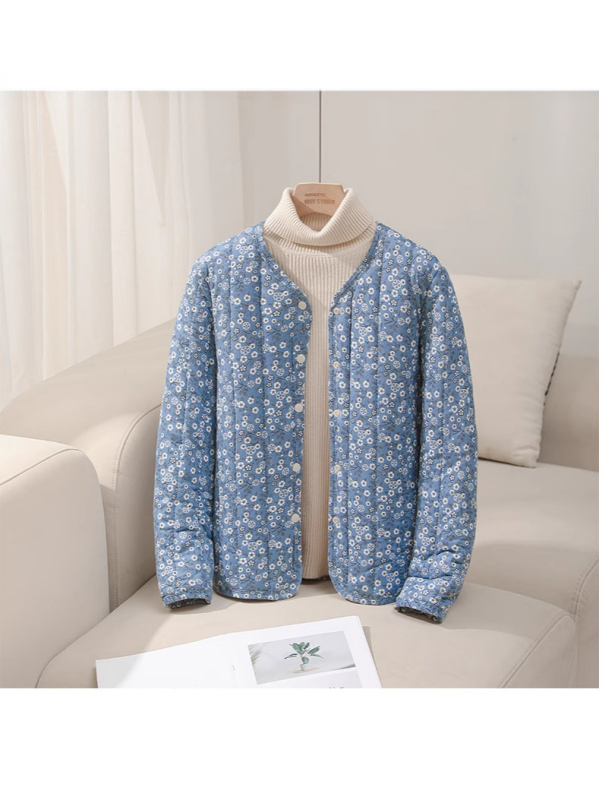 Jachetă căptușită cu bumbac, imprimeu floral, croială Slim, lungime medie (50–65 cm), țesătură exterioară din nailon