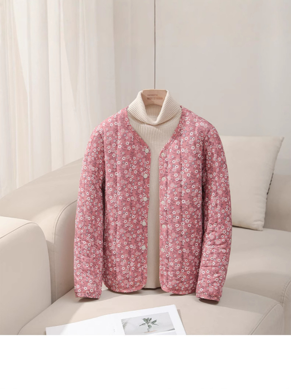 Jachetă căptușită cu bumbac, imprimeu floral, croială Slim, lungime medie (50–65 cm), țesătură exterioară din nailon