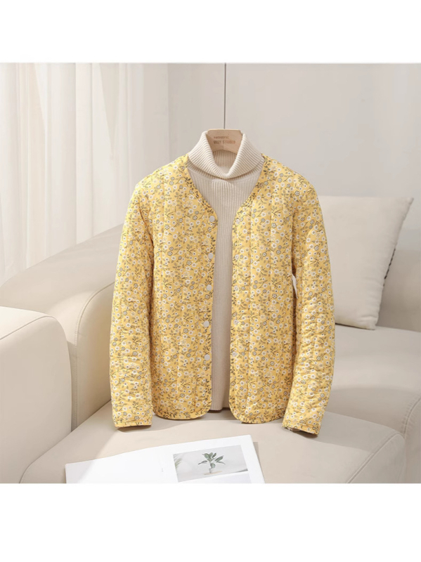 Jachetă căptușită cu bumbac, imprimeu floral, croială Slim, lungime medie (50–65 cm), țesătură exterioară din nailon