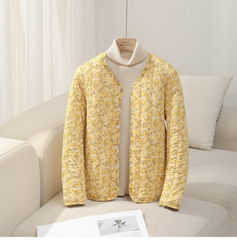 Jachetă căptușită cu bumbac, imprimeu floral, croială Slim, lungime medie (50–65 cm), țesătură exterioară din nailon