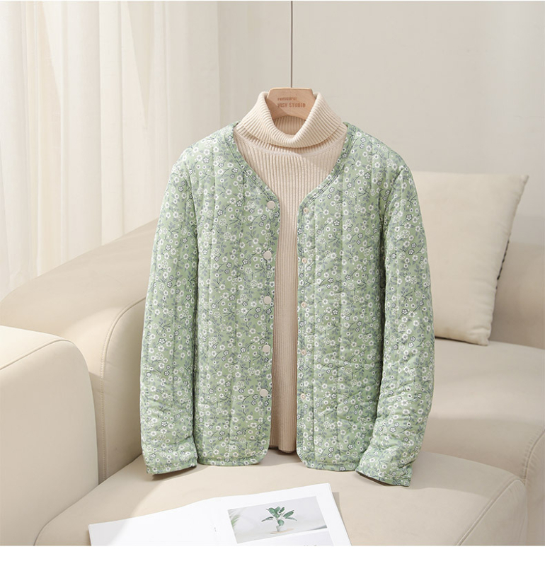 Jachetă căptușită cu bumbac, imprimeu floral, croială Slim, lungime medie (50–65 cm), țesătură exterioară din nailon