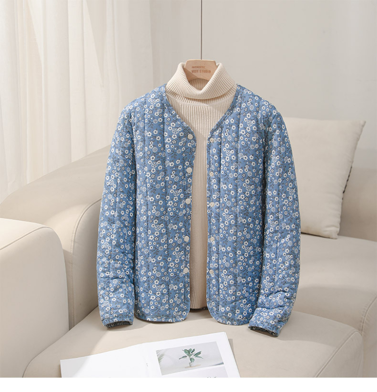 Jachetă căptușită cu bumbac, imprimeu floral, croială Slim, lungime medie (50–65 cm), țesătură exterioară din nailon