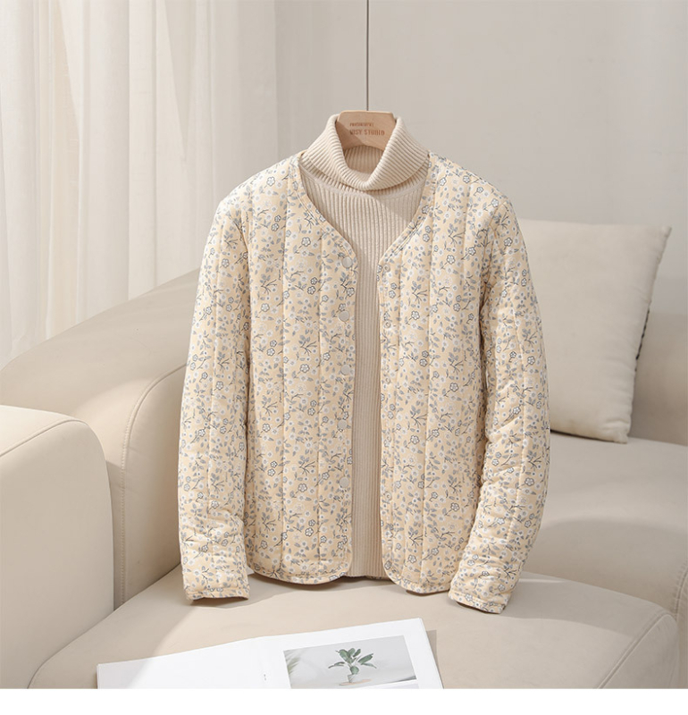 Jachetă căptușită cu bumbac, imprimeu floral, croială Slim, lungime medie (50–65 cm), țesătură exterioară din nailon