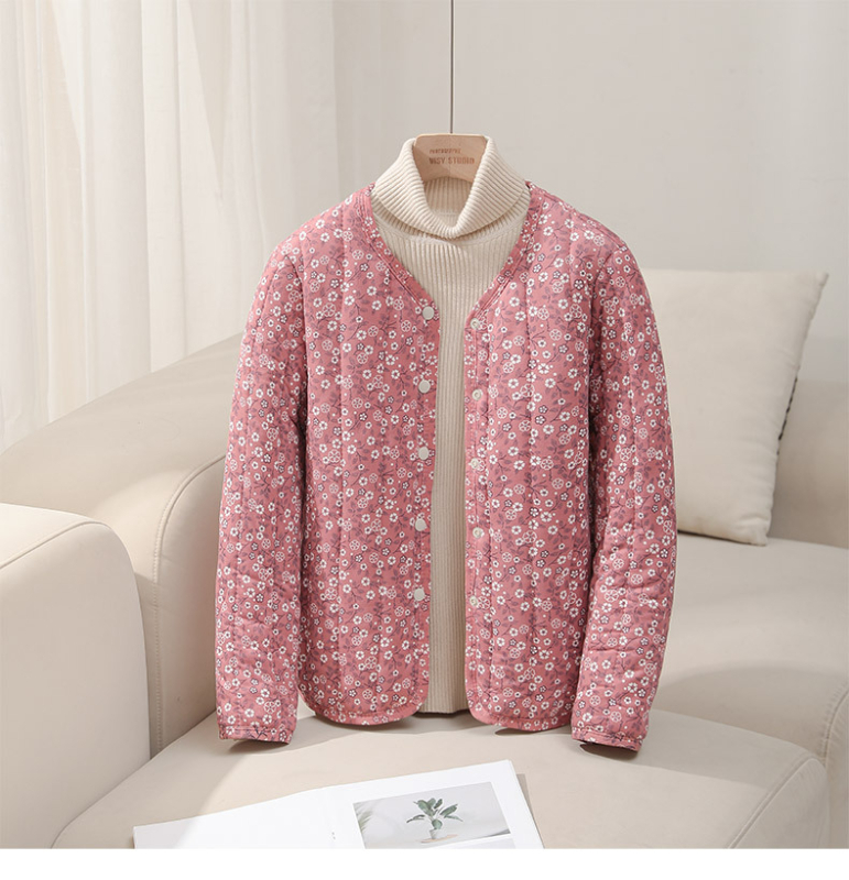 Jachetă căptușită cu bumbac, imprimeu floral, croială Slim, lungime medie (50–65 cm), țesătură exterioară din nailon