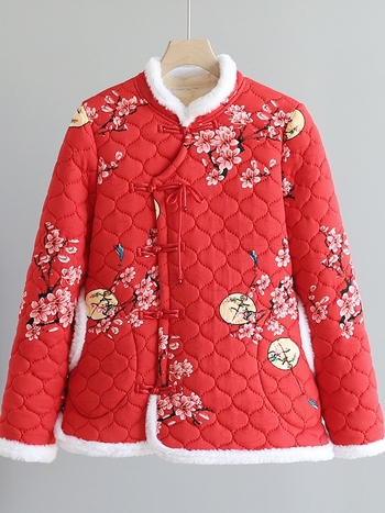 Palton damă cu umplutură de bumbac, model floral, guler stand, căptușeală fleece, croială lejeră