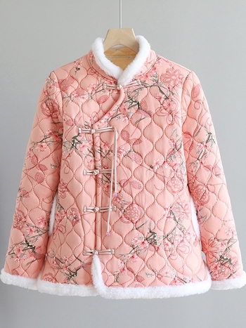 Palton damă cu umplutură de bumbac, model floral, guler stand, căptușeală fleece, croială lejeră