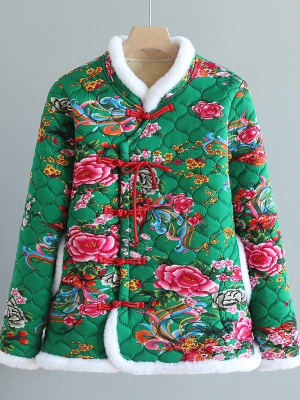 Palton damă cu umplutură de bumbac, model floral, guler stand, căptușeală fleece, croială lejeră