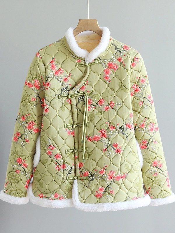 Palton damă cu umplutură de bumbac, model floral, guler stand, căptușeală fleece, croială lejeră