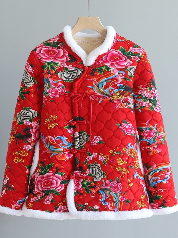 Palton damă cu umplutură de bumbac, model floral, guler stand, căptușeală fleece, croială lejeră