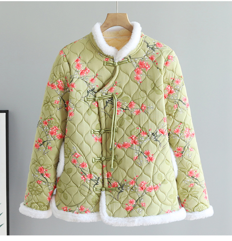 Palton damă cu umplutură de bumbac, model floral, guler stand, căptușeală fleece, croială lejeră