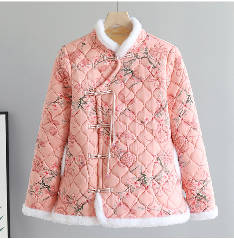 Palton damă cu umplutură de bumbac, model floral, guler stand, căptușeală fleece, croială lejeră