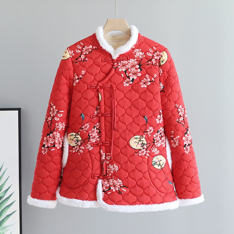 Palton damă cu umplutură de bumbac, model floral, guler stand, căptușeală fleece, croială lejeră