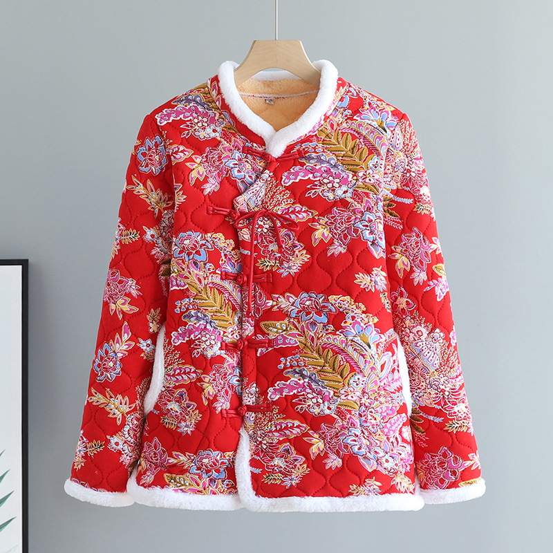 Palton damă cu umplutură de bumbac, model floral, guler stand, căptușeală fleece, croială lejeră