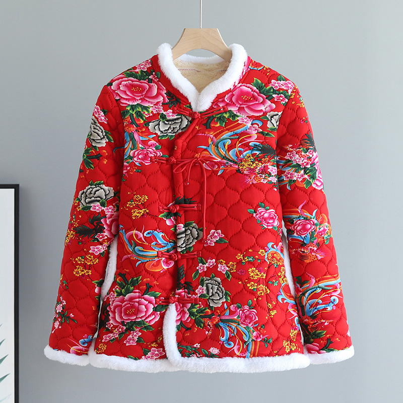 Palton damă cu umplutură de bumbac, model floral, guler stand, căptușeală fleece, croială lejeră