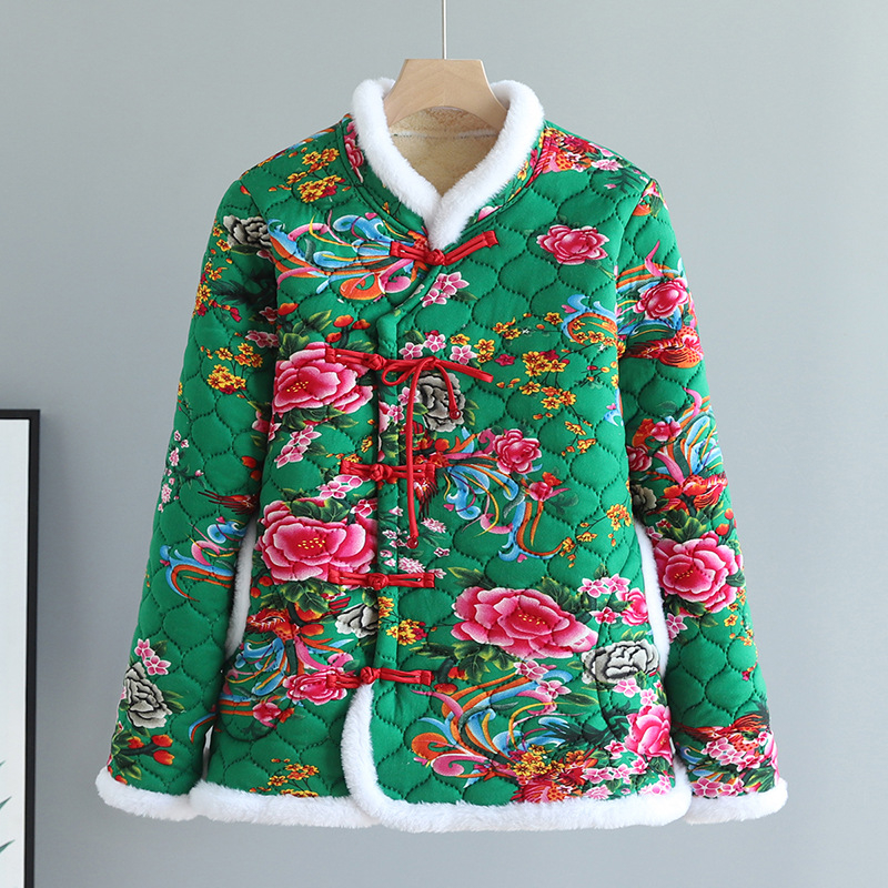 Palton damă cu umplutură de bumbac, model floral, guler stand, căptușeală fleece, croială lejeră