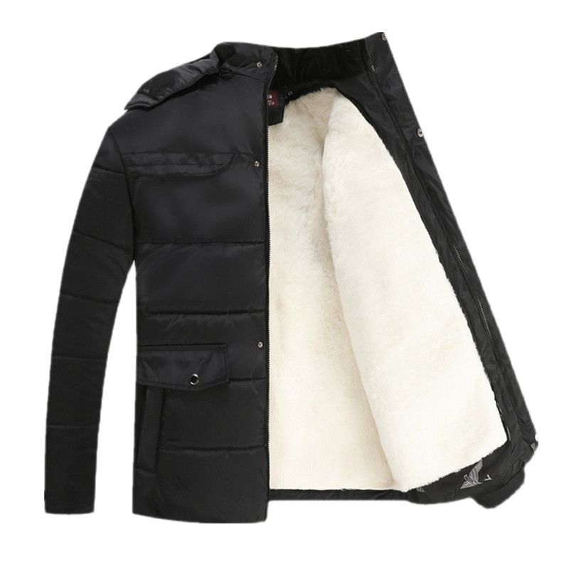 Palton din lână cu umplutură din bumbac pentru bărbați de vârstă mijlocie, cu glugă, fermoar, gros, cu căptușeală interioară detașabilă