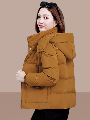 Jachetă de damă cu umplutură din puf-pamuc, cu glugă, model dungat/caro, țesătură poliester, fermoar