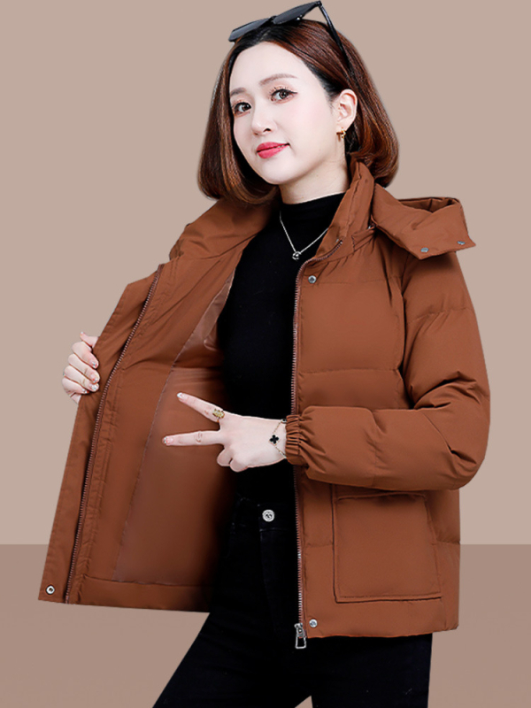 Jachetă de damă cu umplutură din puf-pamuc, cu glugă, model dungat/caro, țesătură poliester, fermoar