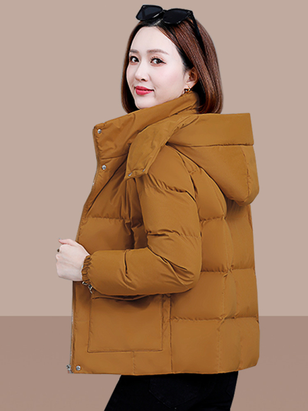 Jachetă de damă cu umplutură din puf-pamuc, cu glugă, model dungat/caro, țesătură poliester, fermoar