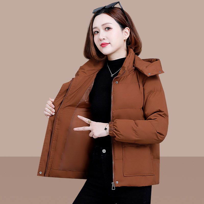 Jachetă de damă cu umplutură din puf-pamuc, cu glugă, model dungat/caro, țesătură poliester, fermoar