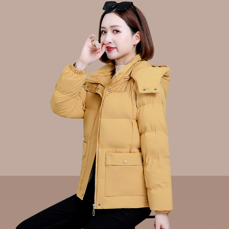 Jachetă de damă cu umplutură din puf-pamuc, cu glugă, model dungat/caro, țesătură poliester, fermoar