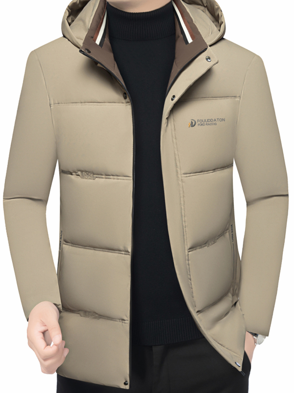 Jachetă de iarnă cu glugă pentru bărbați, umplutură din poliester și căptușeală poliester, lungime medie, fermoar