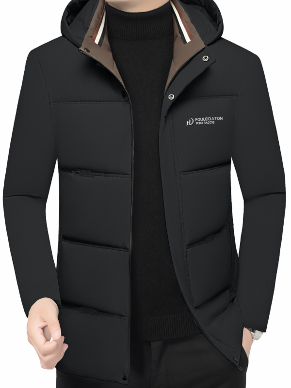 Jachetă de iarnă cu glugă pentru bărbați, umplutură din poliester și căptușeală poliester, lungime medie, fermoar