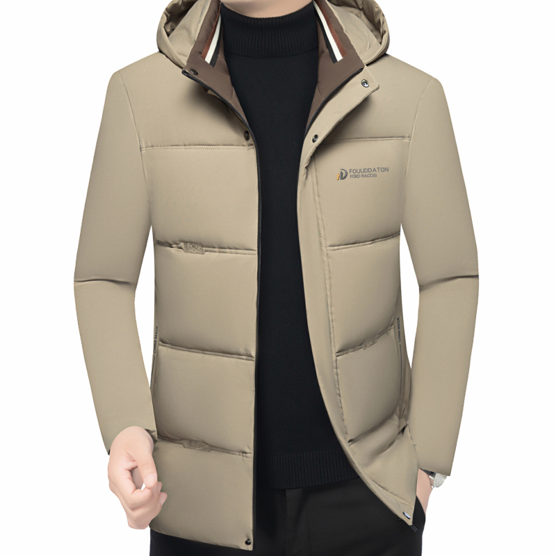 Jachetă de iarnă cu glugă pentru bărbați, umplutură din poliester și căptușeală poliester, lungime medie, fermoar