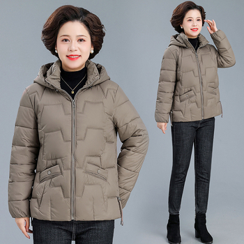 Palton damă cu glugă, din puf-pamuc, gros pentru iarnă, material poliester, lungime 50–65 cm, fermoar