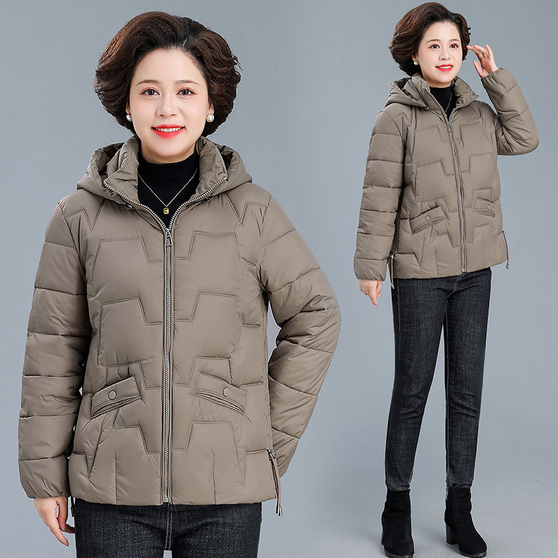 Palton damă cu glugă, din puf-pamuc, gros pentru iarnă, material poliester, lungime 50–65 cm, fermoar