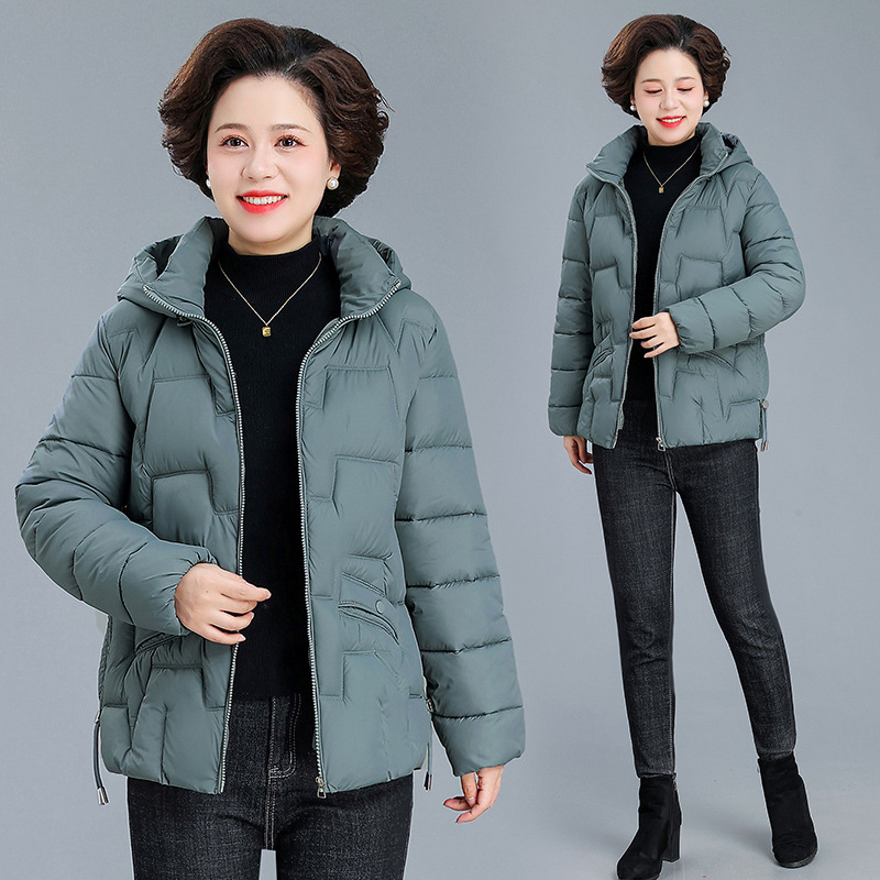 Palton damă cu glugă, din puf-pamuc, gros pentru iarnă, material poliester, lungime 50–65 cm, fermoar