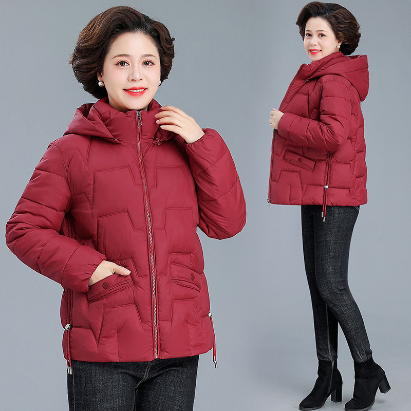 Palton damă cu glugă, din puf-pamuc, gros pentru iarnă, material poliester, lungime 50–65 cm, fermoar