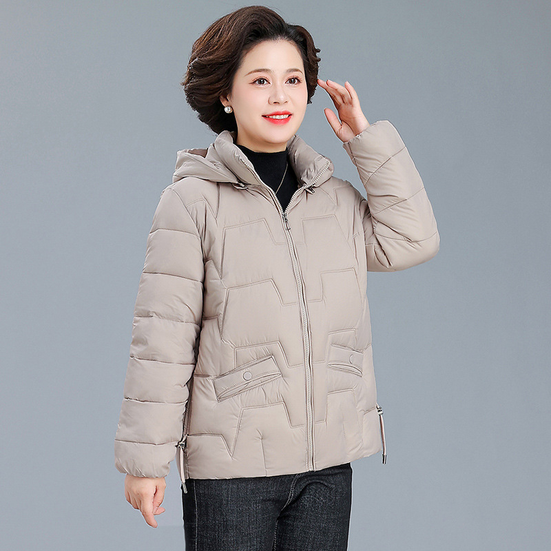 Palton damă cu glugă, din puf-pamuc, gros pentru iarnă, material poliester, lungime 50–65 cm, fermoar