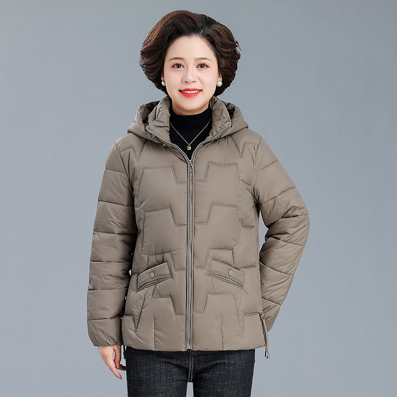 Palton damă cu glugă, din puf-pamuc, gros pentru iarnă, material poliester, lungime 50–65 cm, fermoar