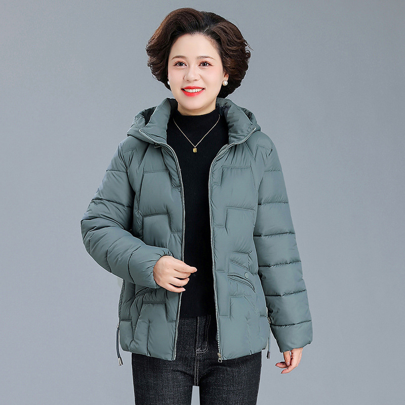 Palton damă cu glugă, din puf-pamuc, gros pentru iarnă, material poliester, lungime 50–65 cm, fermoar