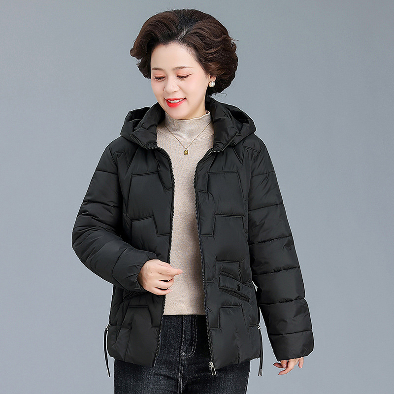 Palton damă cu glugă, din puf-pamuc, gros pentru iarnă, material poliester, lungime 50–65 cm, fermoar