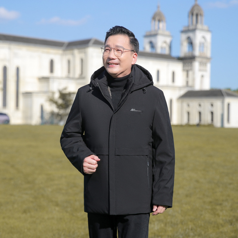 Geacă bărbătească din poliester, cu umplutură fleece și căptușeală, glugă, grosime mare, guler înalt, fermoar, buzunare laterale