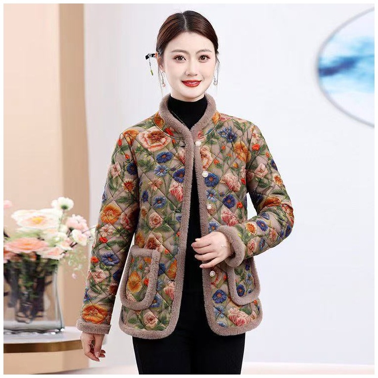 Jachetă din bumbac cu căptușeală de fleece, model floral, guler înalt, mâneci lungi, croială lejeră - Iarnă 2025.