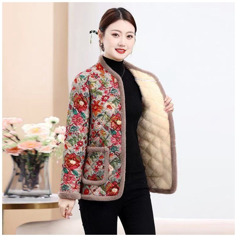 Jachetă din bumbac cu căptușeală de fleece, model floral, guler înalt, mâneci lungi, croială lejeră - Iarnă 2025.